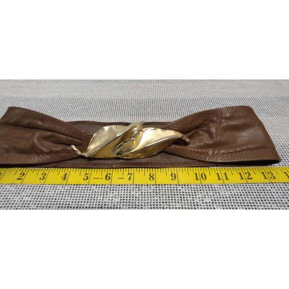 Vintage Couture Cinch Belt Brown Leather MORRIS MOSKOWITZ Gold Leaf Buckle Small main image 7
